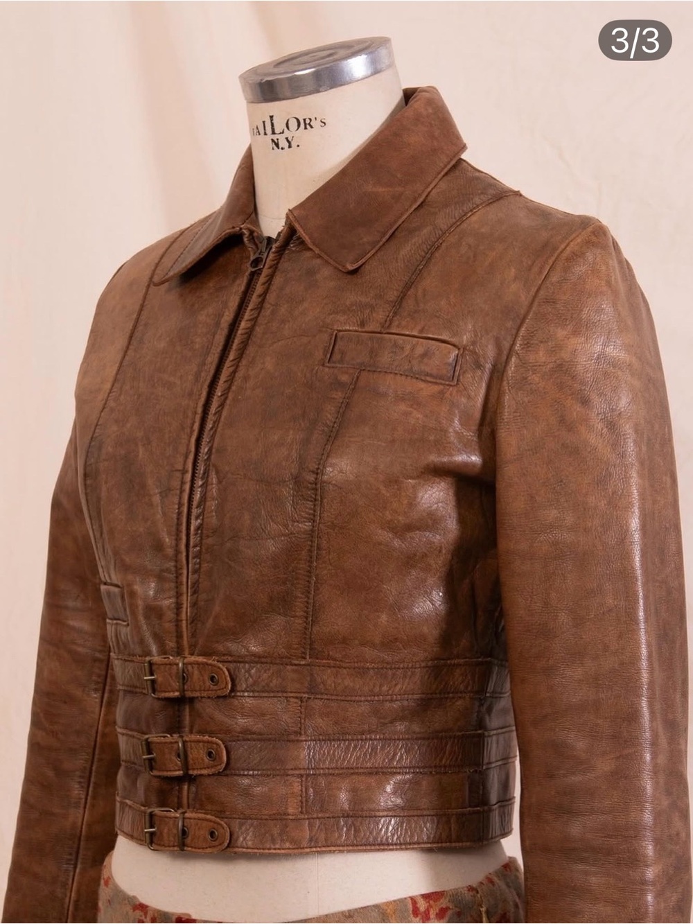 Ralph Lauren Cognac Leather Cropped Jacket with Triple Buckles